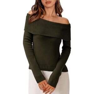 Brand New - Prettygarden Off The Shoulder Dark GreenRibbed Knit Sweater